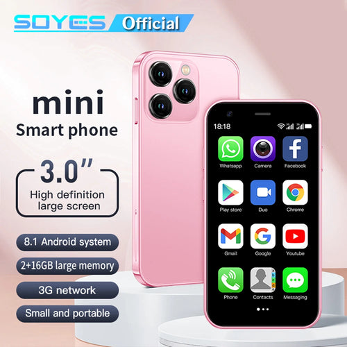 Pink SOYES XS15 mini smartphone, 3-inch display, Android 8.1, 2GB RAM, 16GB ROM, front and back view, 3G compact phone.