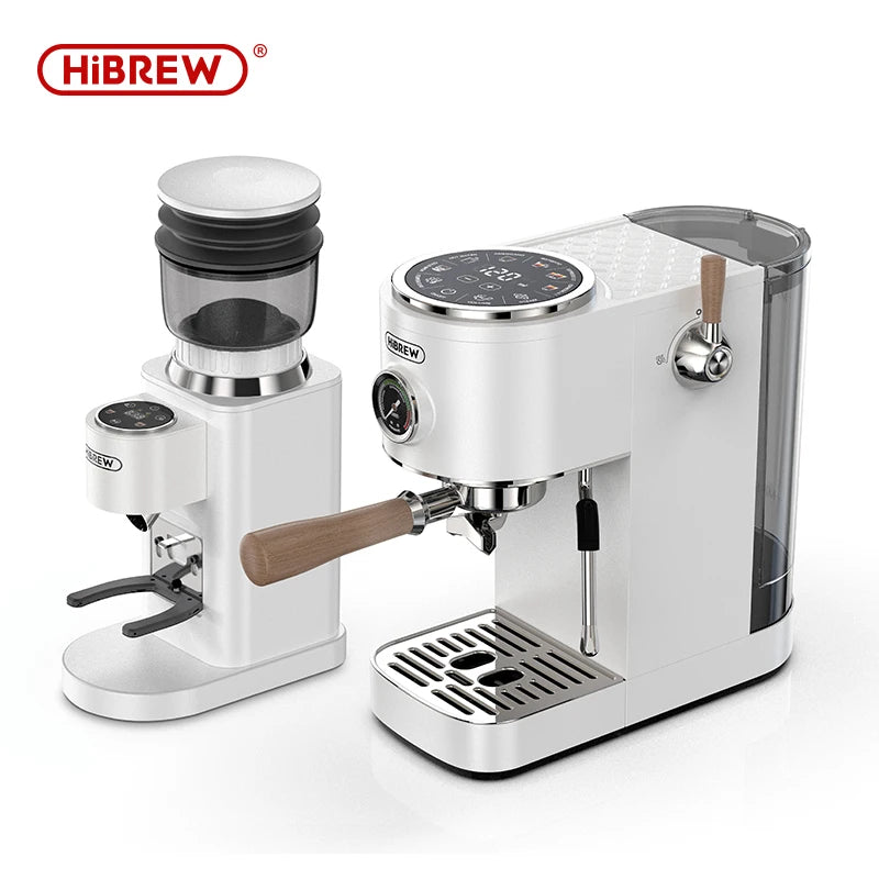 HiBREW white espresso machine and coffee grinder set with wooden portafilter handle and digital control panel.