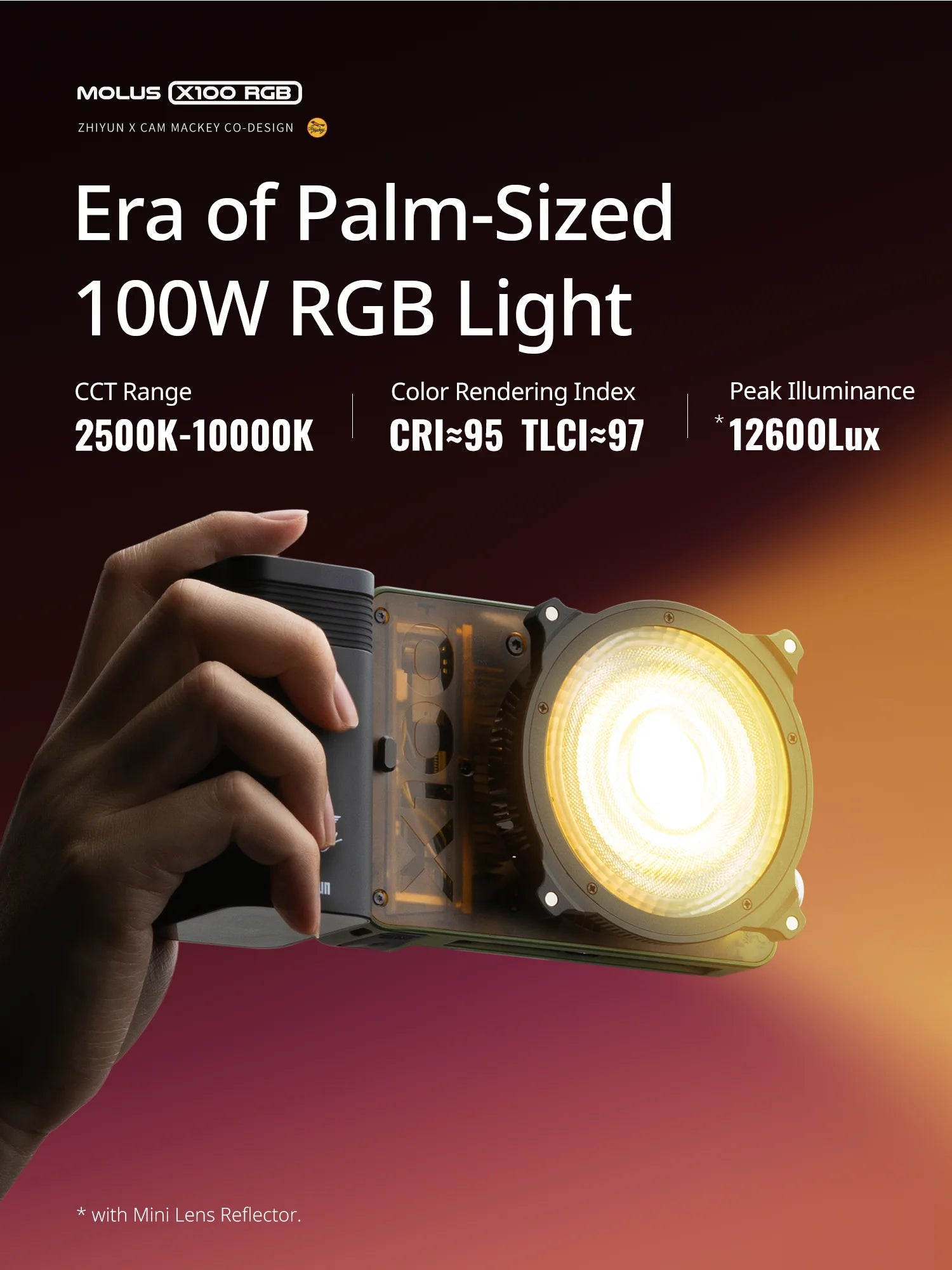 Palm-sized 100W RGB LED light with a circular lens and black handle, held in a hand for portable photography lighting.