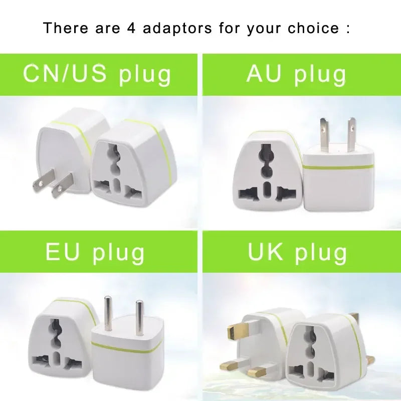 White universal power travel plug adapters for coffee maker, includes CN/US, AU, EU, and UK plug options.