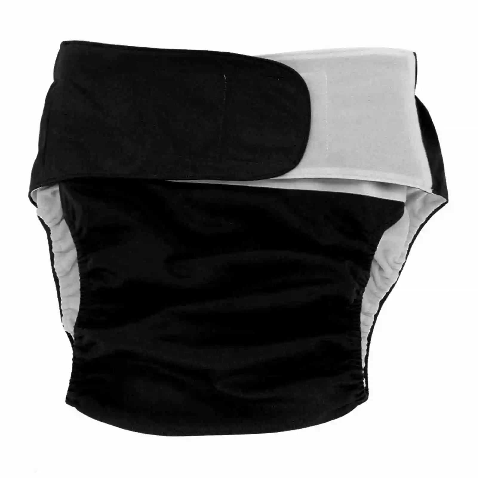 Reusable cloth baby diaper with solid black exterior and white interior trim, adjustable hook-and-loop closure.