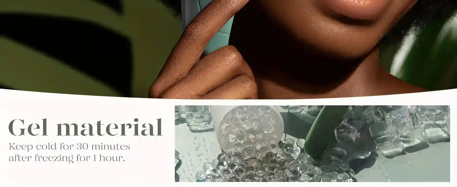 A sage green handheld facial ice roller shown next to clear cooling gel beads and ice cubes.