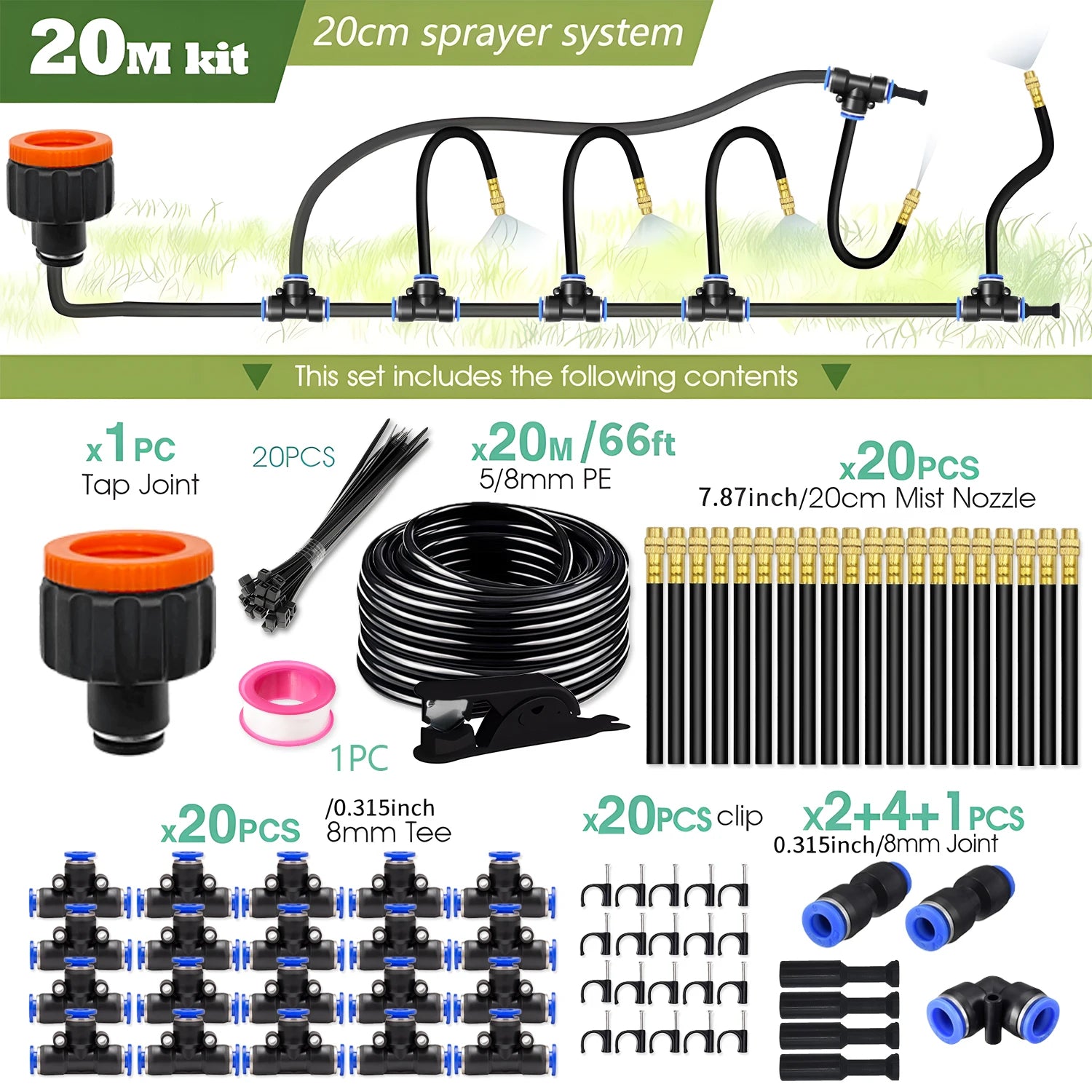 30M-5M DIY Free Bending Universal Sprayer Kit 8mm Hose Patio Misting Cooling System for Garden Plant Fogging Watering Irrigation