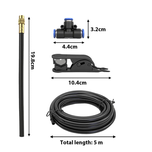 5 m spray irrigation hose kit with adjustable brass nozzle and mounting clamp, measured size