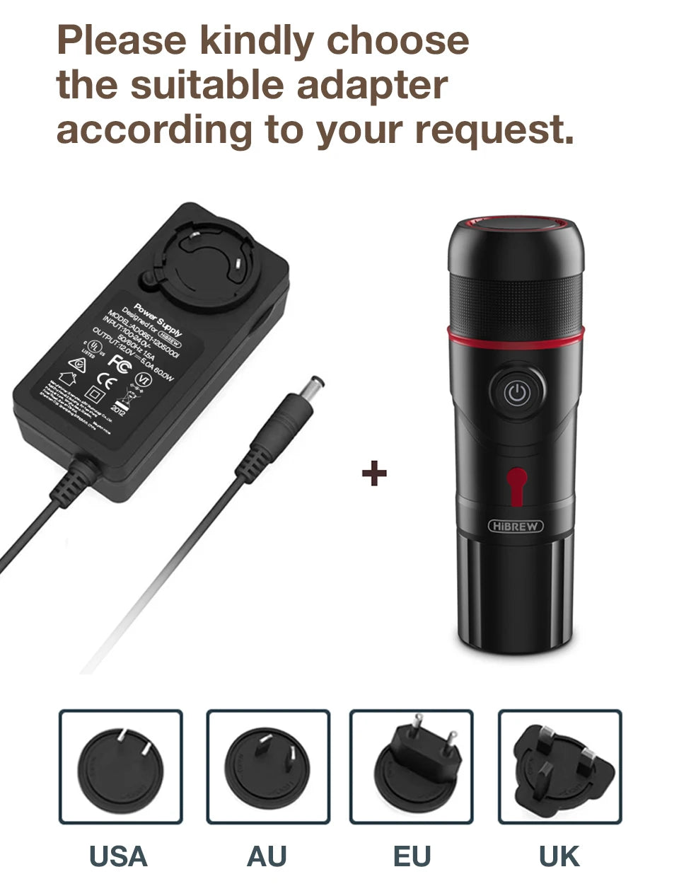 HiBrew portable espresso maker in black with power adapter and interchangeable USA, AU, EU, and UK plug attachments.