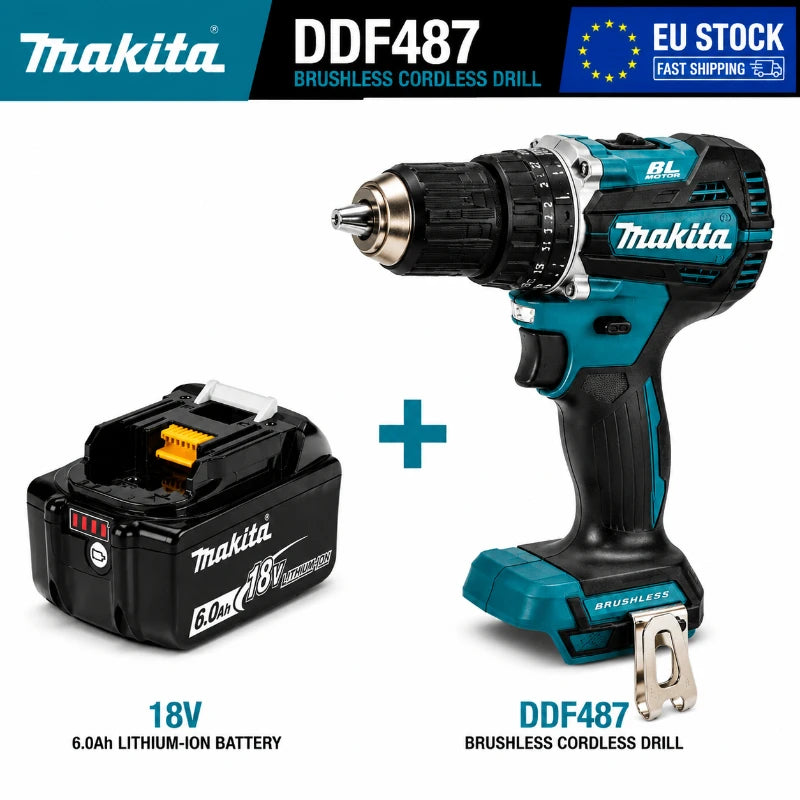 Original Makita 18V Cordless Drill Brushless High Torque Electric Drill DDF487 + Battery Pack BL1860B BL1840 DIY Professional Tool EU Fast Shipping