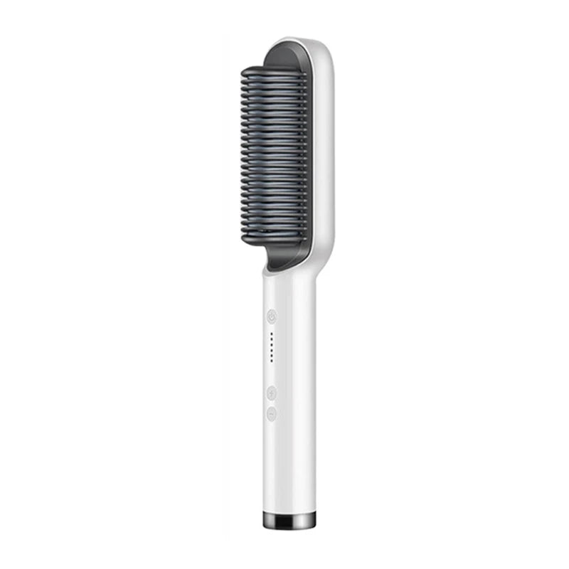 White professional ceramic hair straightener brush with temperature control for smooth, salon-style styling at home.