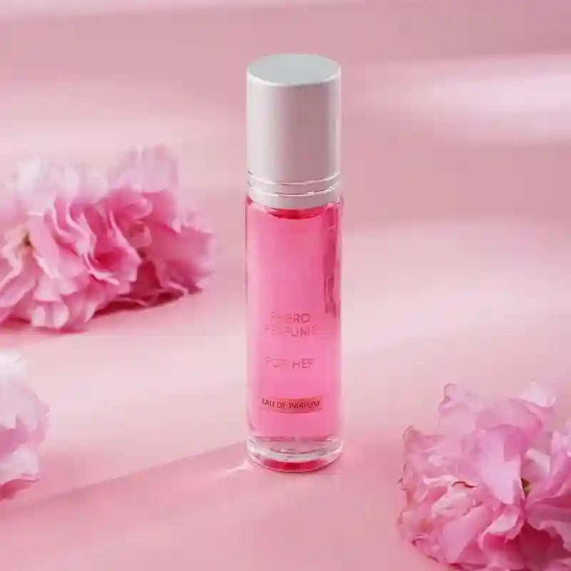 Flirting Phero Perfume EDP for women in a sleek pink cylindrical roller bottle, floral scent with long-lasting effect.