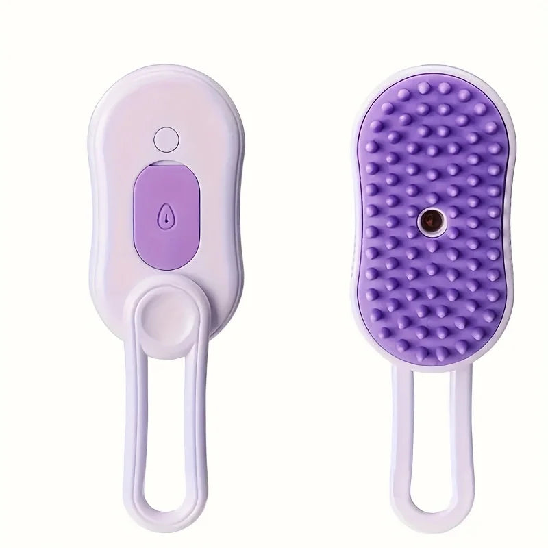 Purple 3-in-1 steam pet brush with silicone bristles for easy cat and dog grooming and hair removal.