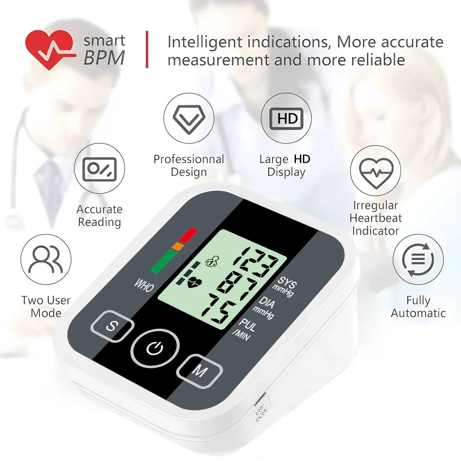 Automatic Upper Arm Blood Pressure Monitor Digital Sphygmomanometer Tensiometer Pulse Heart Rate Health Meter