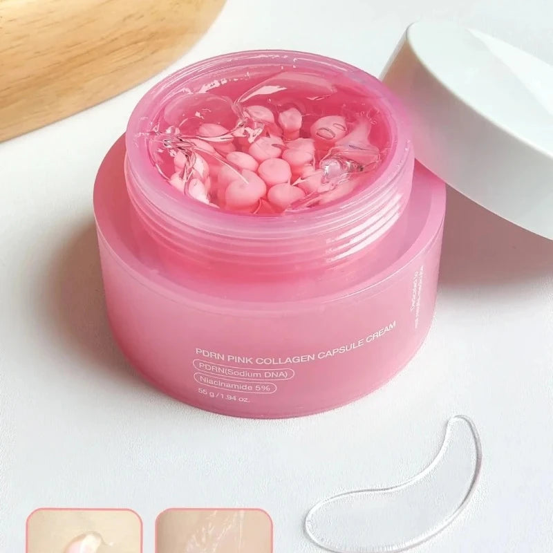 Open jar of pink PDRN collagen capsule cream with a white lid and small pink gel spheres inside.
