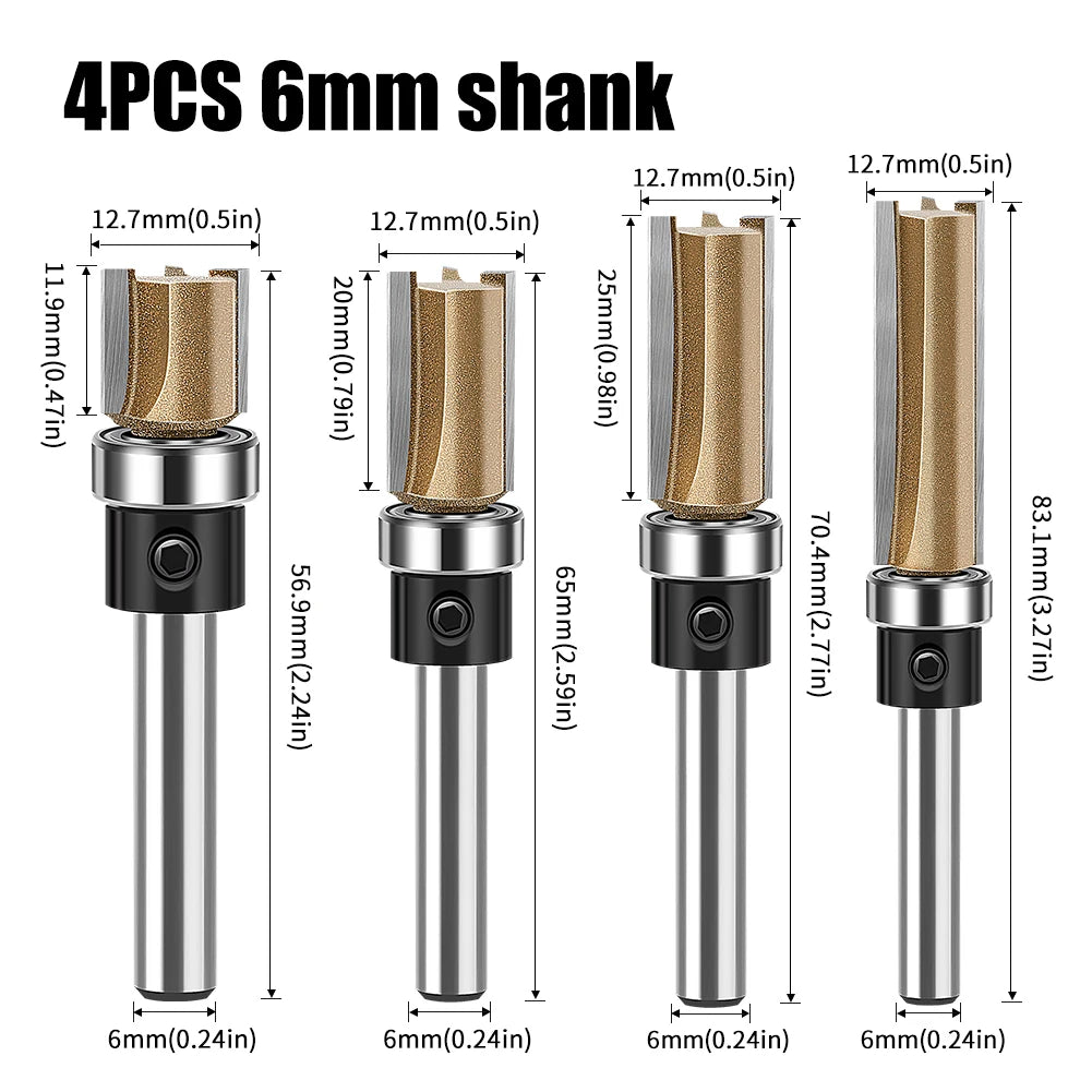Set of 4 straight router bits with bearing, 6mm shank, gold carbide sizes shown