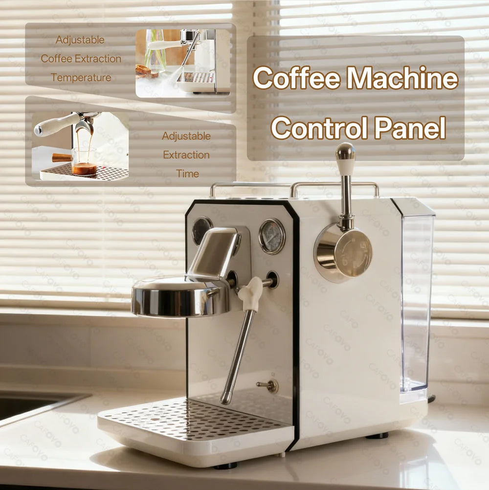 Cafovo white espresso coffee machine with chrome accents, pressure gauges, and adjustable extraction control panel.