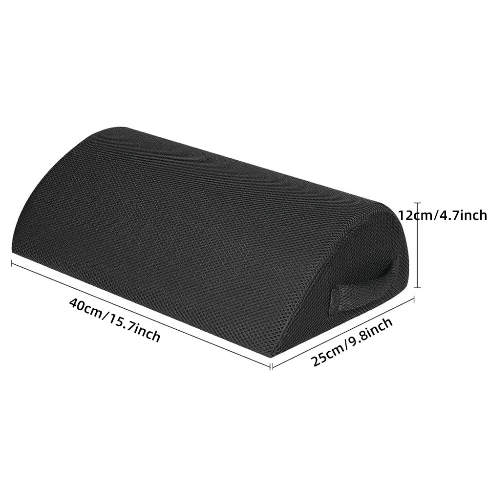 Black memory foam office footstool with carry handle, arc design for posture support, 40x25x12cm dimensions shown.