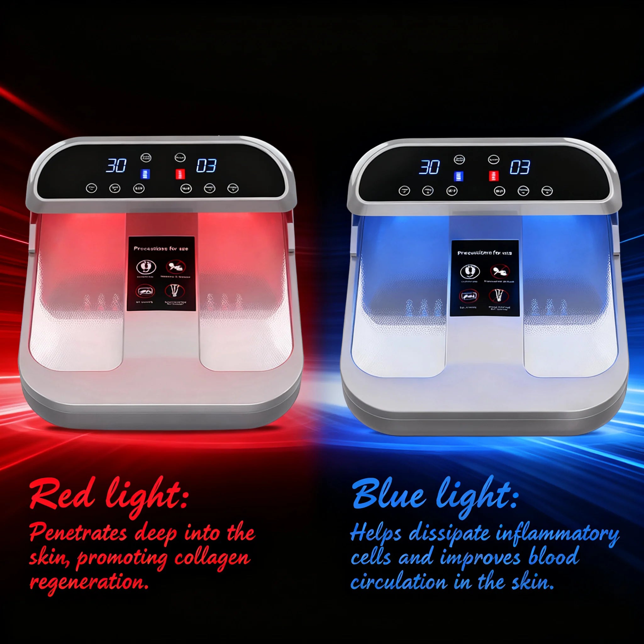 Tera-P90 terahertz therapy PEMF foot massager with red and blue light modes for home health and blood circulation.