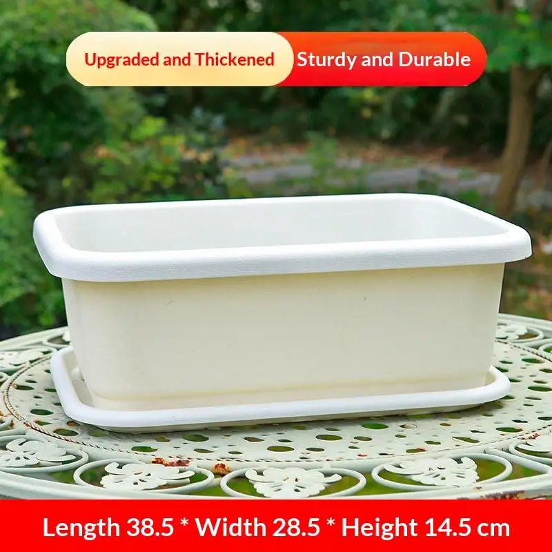 Beige rectangular plastic planter with attached tray, thickened rim, for indoor balcony