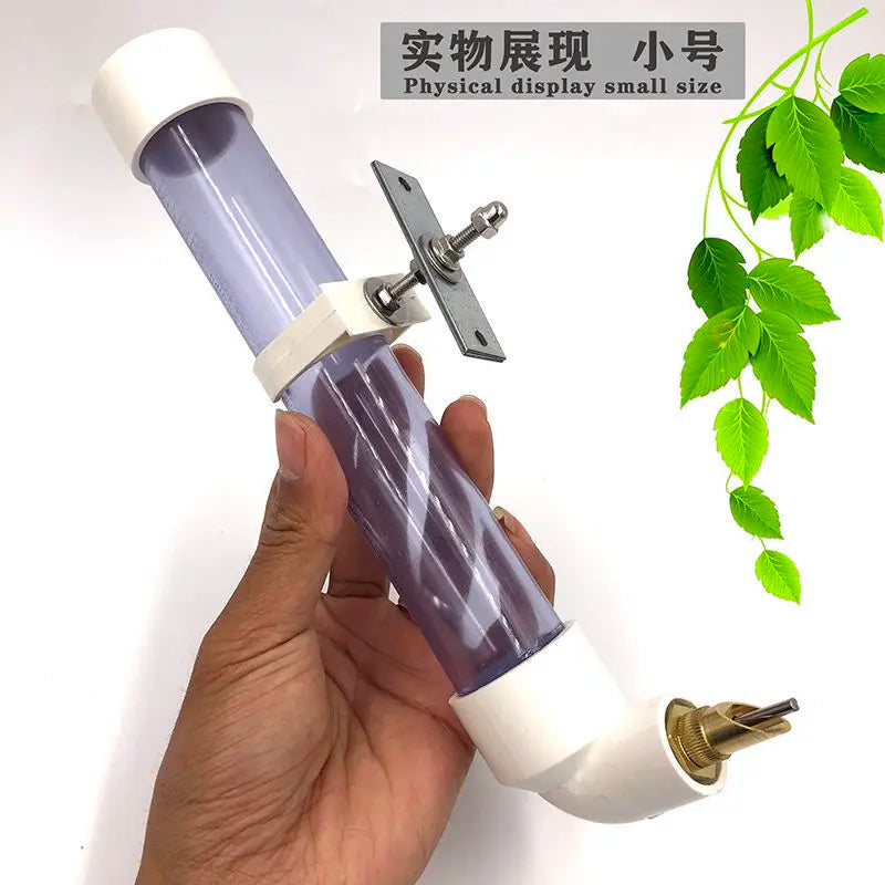 Small automatic parrot water dispenser, clear tube with needle feeder for easy bird hydration and cage mounting.