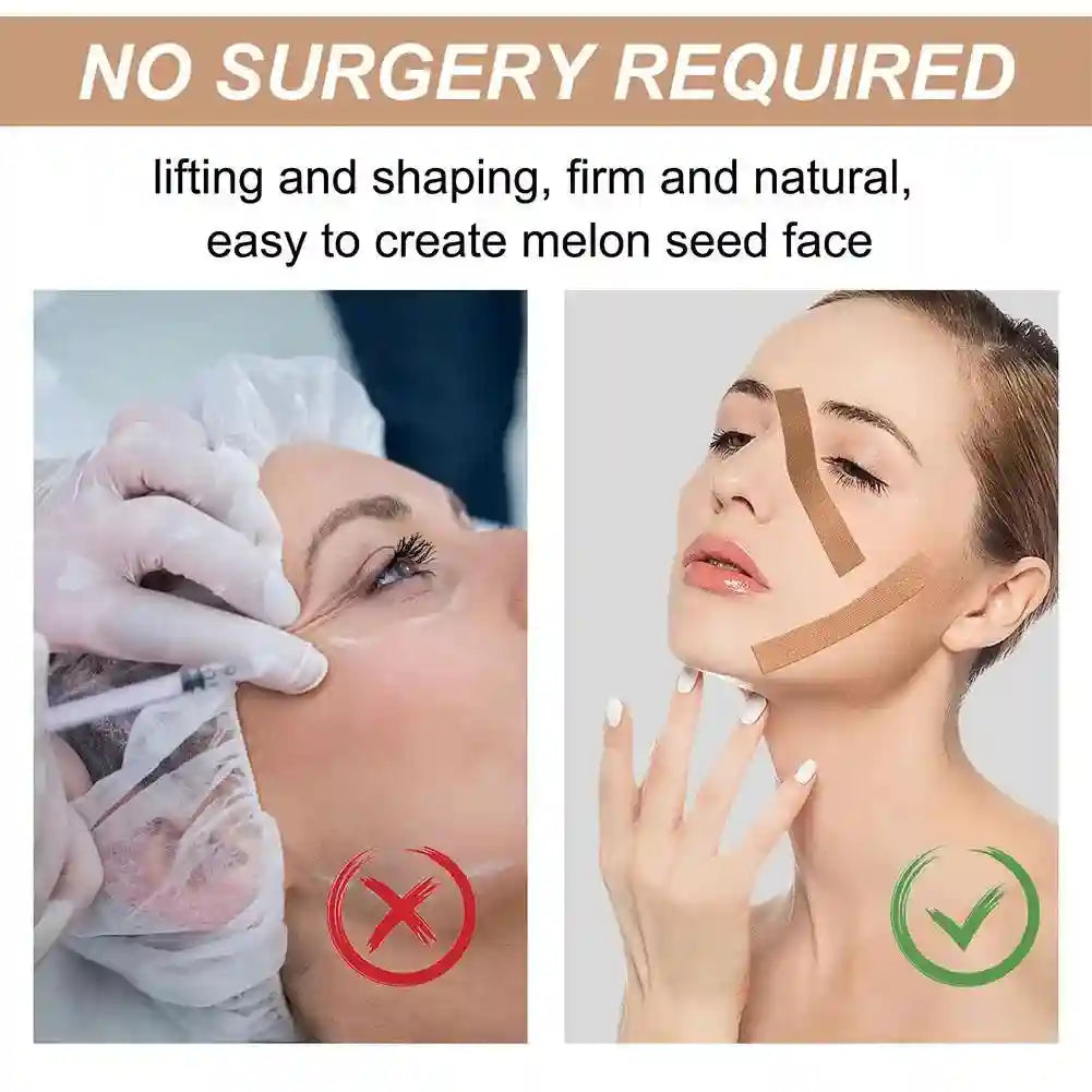 Beige adhesive face lifting tape applied to cheek and temple to tighten skin and define facial contours.