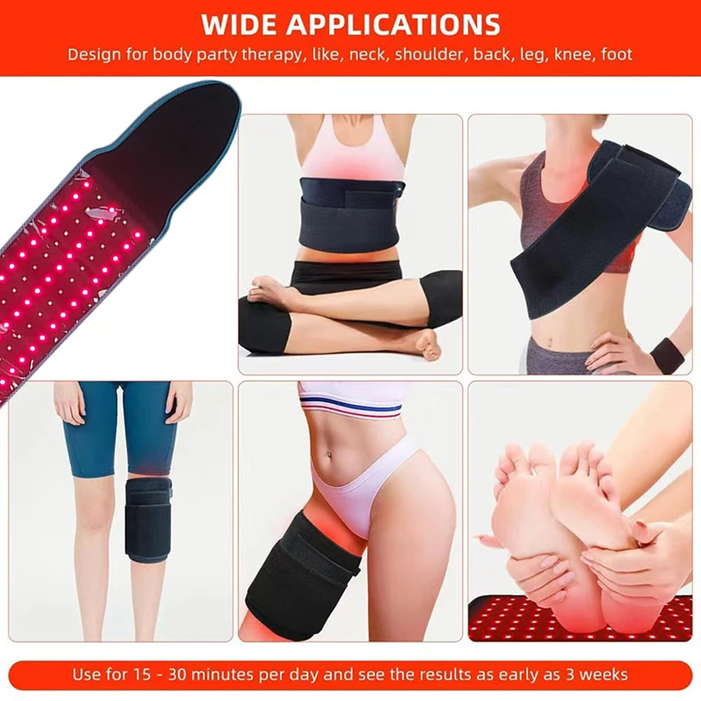 Red light therapy belt with 660nm and 850nm LEDs for back, waist, knee, and joint pain relief and fat slimming.