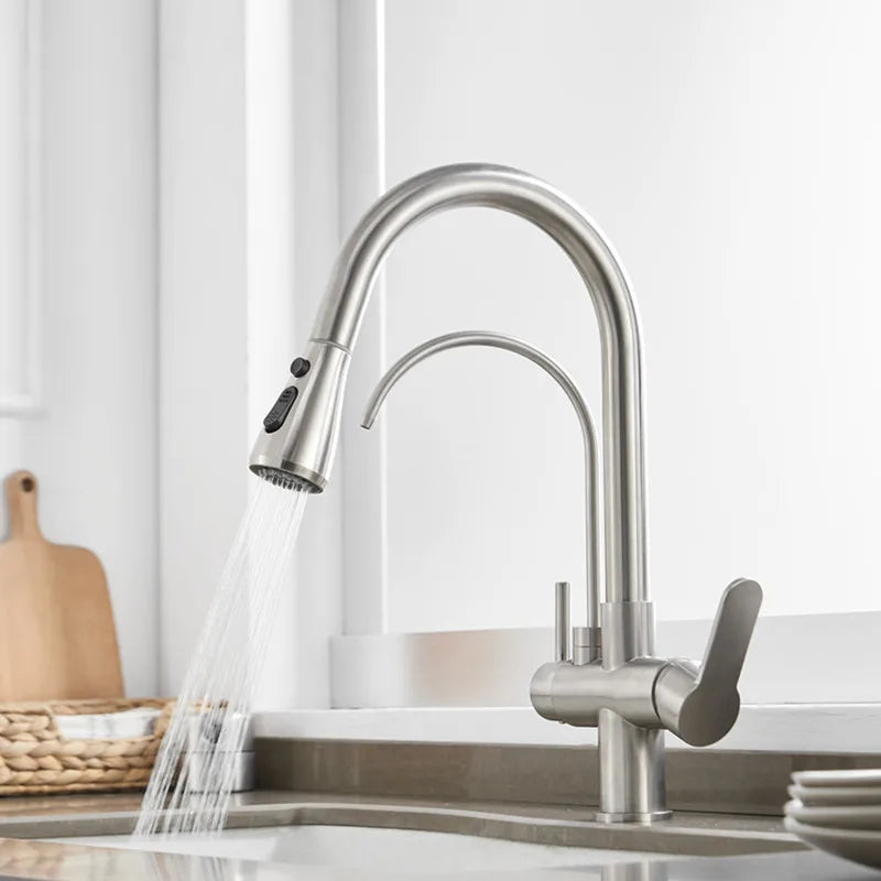 White Hot Cold Filter Kitchen Sink Faucets 3 Ways Pure Water Pull Out Kitchen Sink Mixer Tap Brass Filter Kitchen Sink Faucet