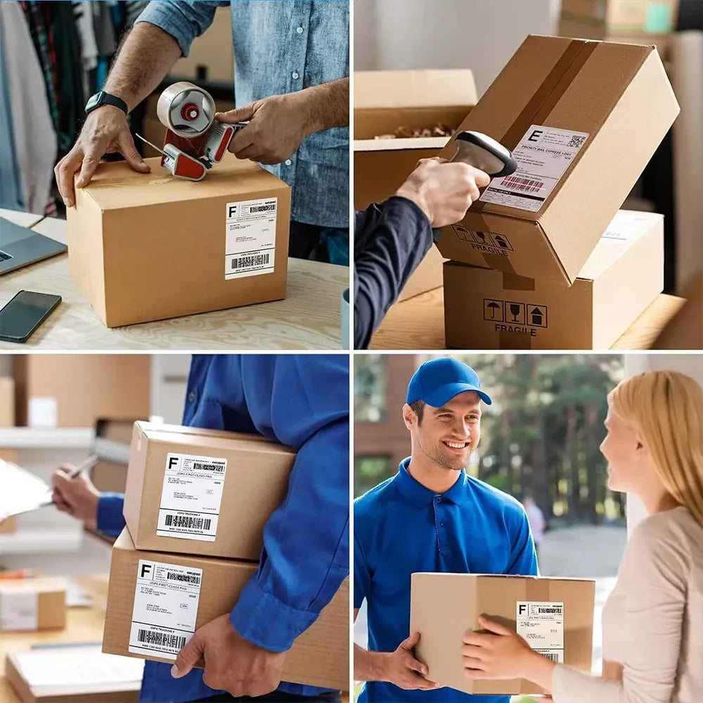 Thermal shipping label paper adhesive used on cardboard boxes by delivery workers