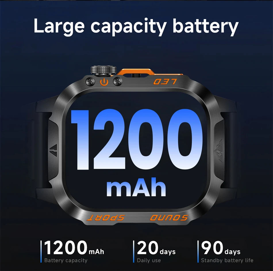 New 1200 mAh Battery Rugged Military Smartwatch Men 5ATM Waterproof Fitness Tracker Health Monitor 100+Sports Call Smart Watches