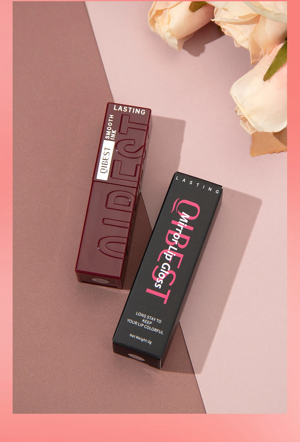 QIBEST long-lasting waterproof mirror lip glaze and packaging in elegant dark red and black boxes.