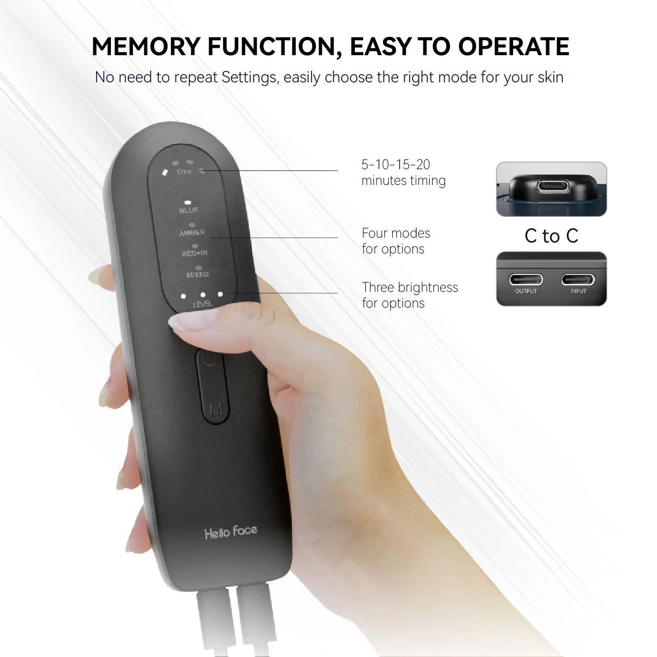 A hand holds a black, oblong LED face mask remote with touch buttons, LED indicators, and USB-C ports.