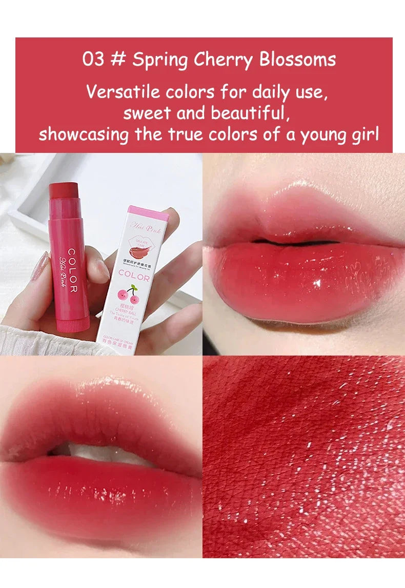 Moisturizing cherry red tinted lip balm for glossy, anti-drying lip makeup with a smooth, hydrating texture.