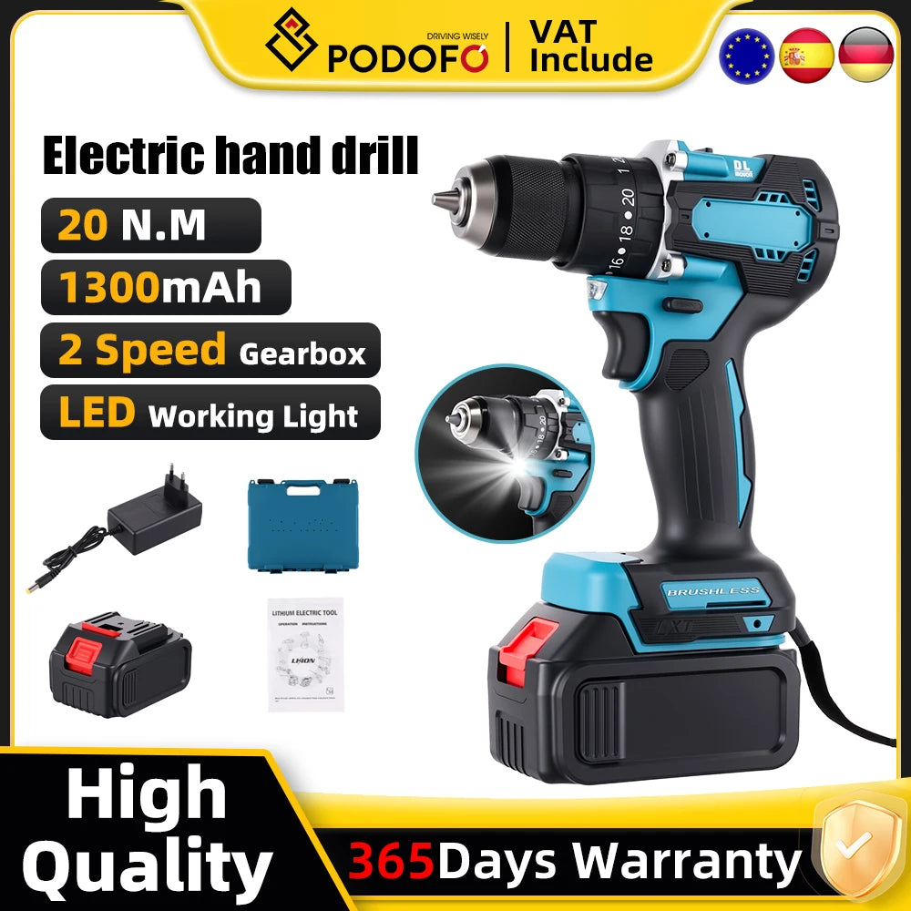 Podofo 21V Cordless Brushless Impact Drill Electric Screwdriver Power Tool with Battery Charger 2 Speed Gearbox 23 Torque Settings LED Light Rechargeable Drill Driver for Wood Metal Plastic DIY Repair