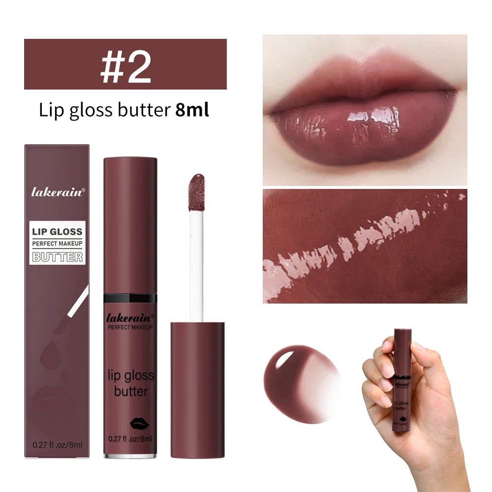 Lakerain butter non-stick mirror lip gloss in shade #2, a moisturizing, long-lasting brown lip glaze for glossy lips.