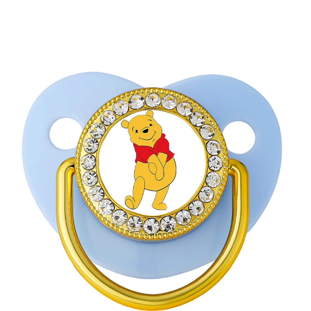 Blue silicone baby teething pacifier featuring Winnie the Pooh and crystal embellishments.