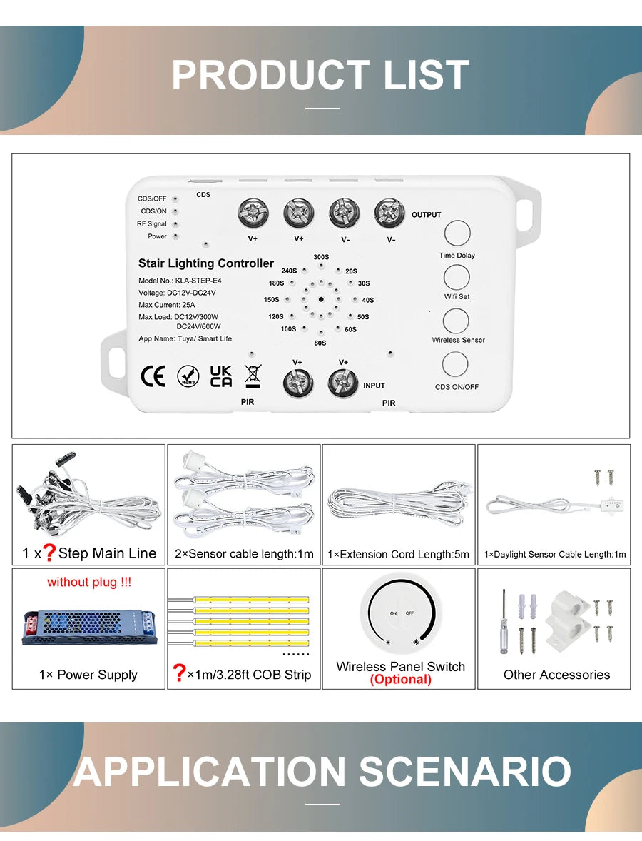 5-30 Steps New Tuya Wifi Staircase Light Kit Motion Sensor Wall Switch Remote APP Control Stair LED Strip Full Set STEP-E4