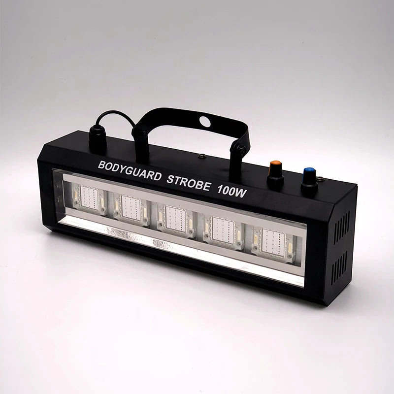 100W LED strobe light angled front view, black body with BODYGUARD STROBE 100W text