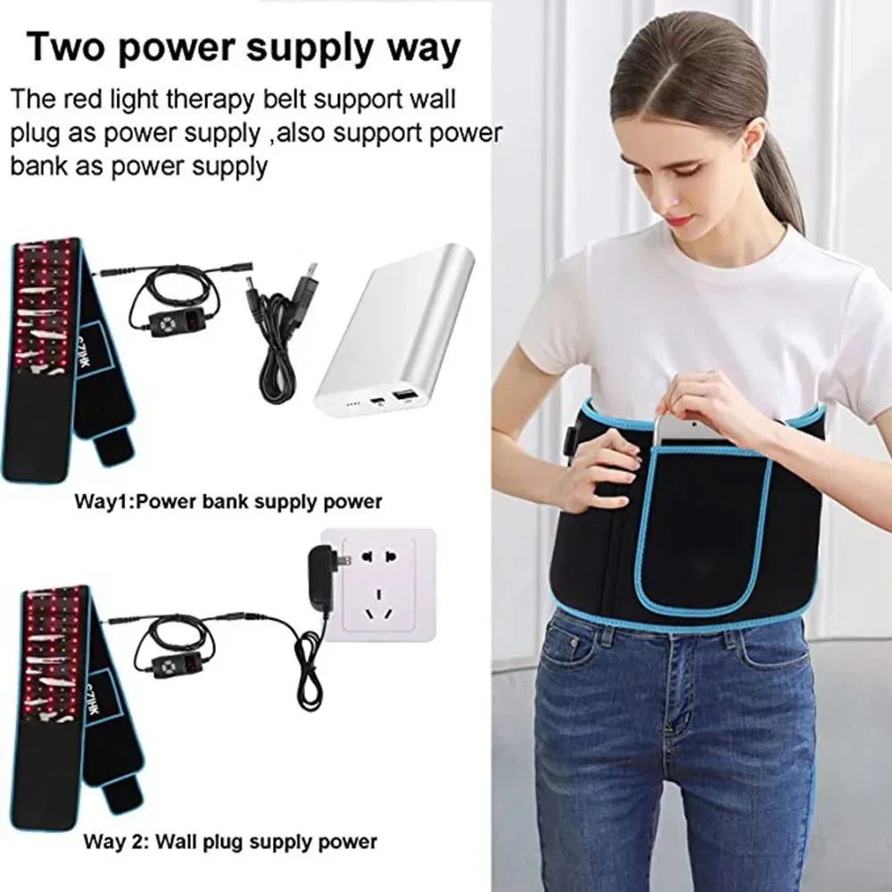 Red and infrared LED light therapy belt for pain relief, showing power bank and wall plug options on a waist wrap.