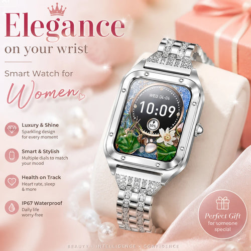 Silver women’s smart watch with jeweled bezel and metal link bracelet, bright display screen