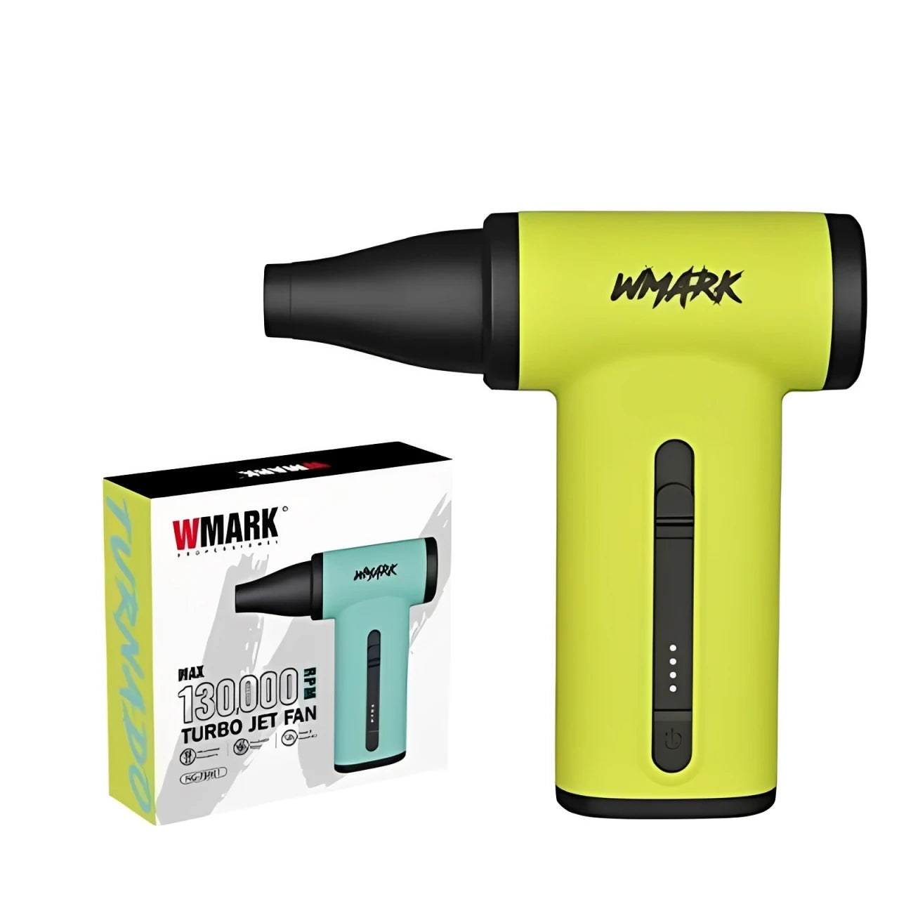 WMARK NG-TB001 neon yellow 130,000 RPM portable turbo jet fan handheld dryer with nozzle and branded retail box.