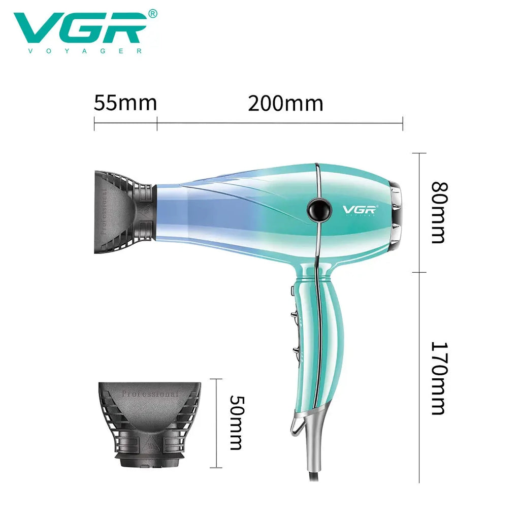 VGR V-452 professional negative ion hair dryer in teal with styling nozzle attachment and dimension specs.