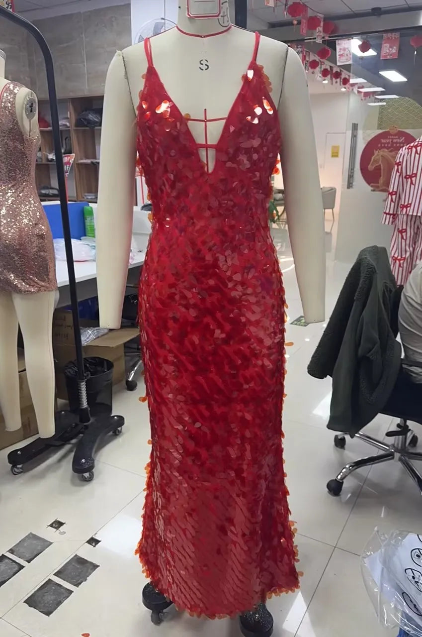 Glitter Sequins Spaghetti Straps Women's Evening Long Maxi Dress Sleeveless Backless High Waist Sexy Lady Birthday Party Gown
