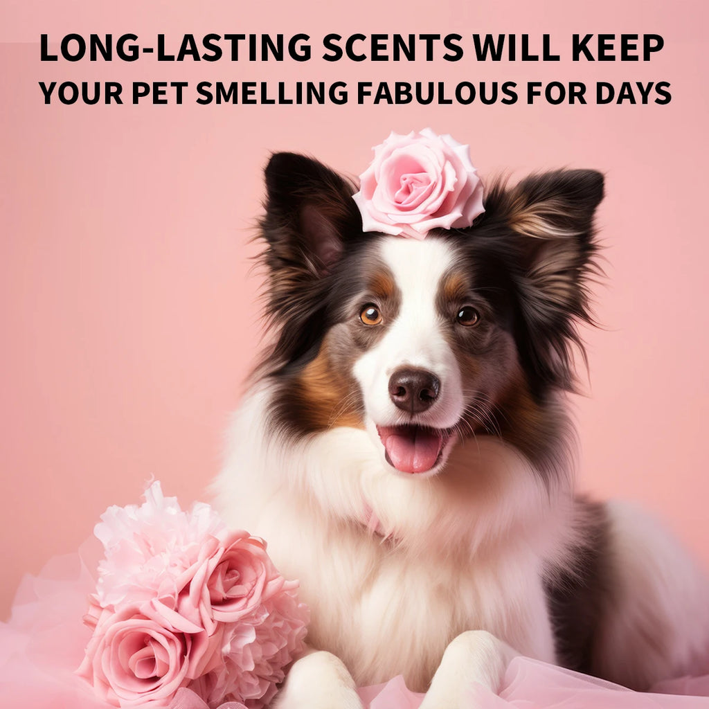 Natural hydrating pet conditioner for dogs and cats for a soft, shiny, fresh-scented coat with a pink floral aesthetic.