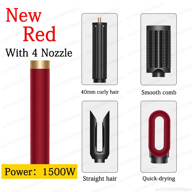 Red SenCiciMen 1500W hair styler with 4 attachments: curling barrel, smooth comb, straightener, and drying nozzle.