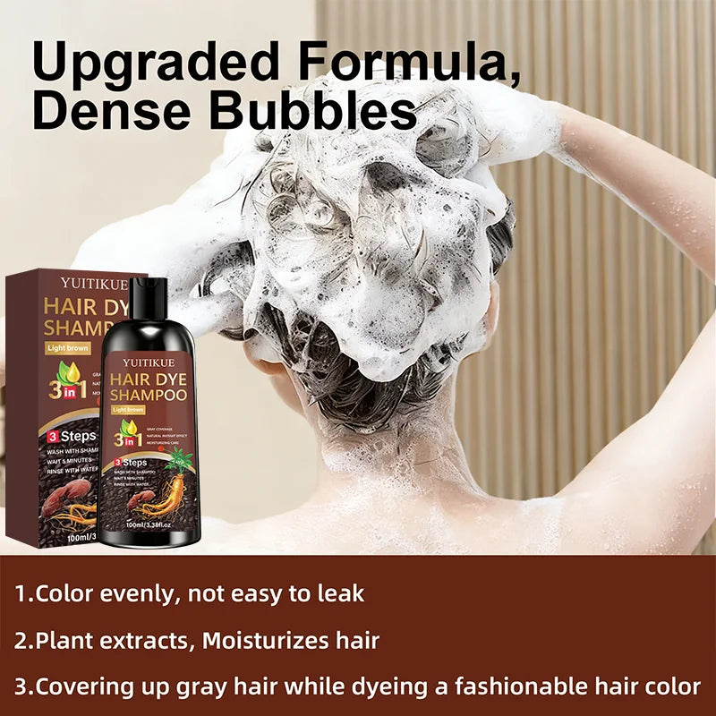 YUITIKUE Light Brown Hair Dye Shampoo 100ml - 3-in-1 Gray Coverage Natural Instant Hair Color Shampoo