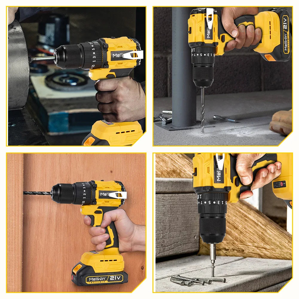 MELLWIN 13MM Brushless Electric Impact Drill 25+3 Torque Handheld Flat Drill Screwdriver Power Tools For Makita 18V Battery Pin