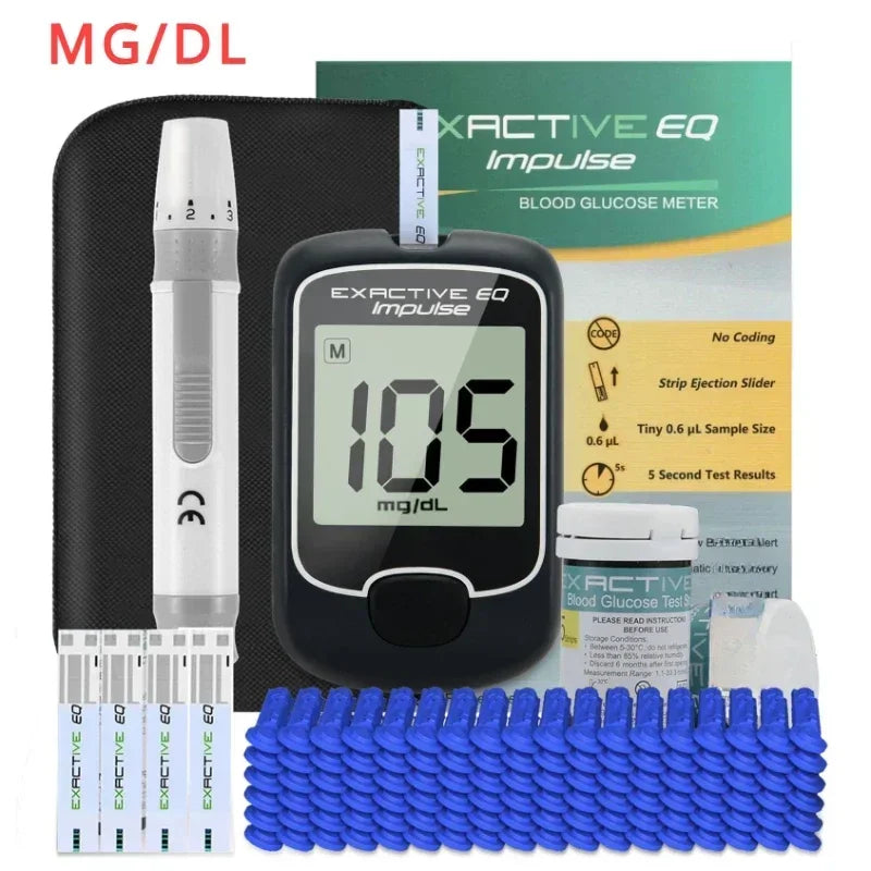 Exactive EQ Impulse blood glucose meter kit with lancing device, test strips, and lancets in a black carrying case.