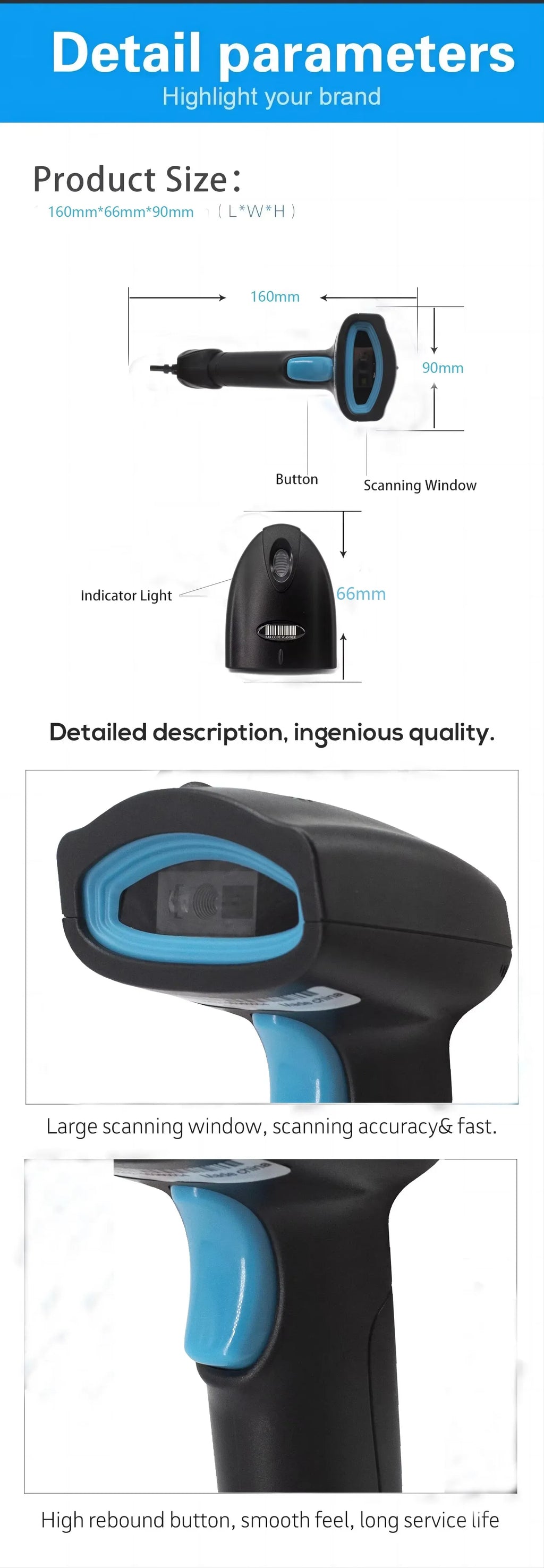Wireless 2D 1D Barcode Scanner Handheld QR Code Reader Drop Resistant