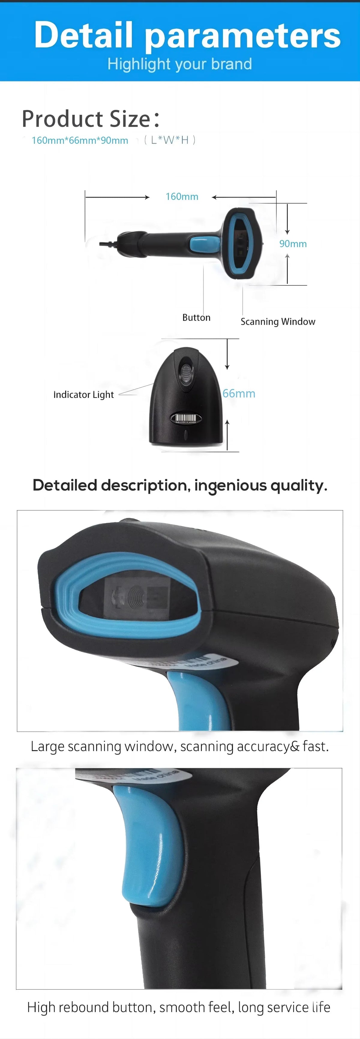 Wireless 2D 1D Barcode Scanner Handheld QR Code Reader Drop Resistant