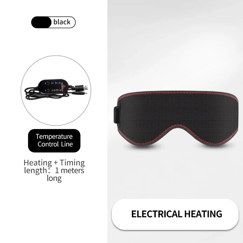 Black heated eye mask with red stitched edges, featuring a 1-meter USB temperature control cord.
