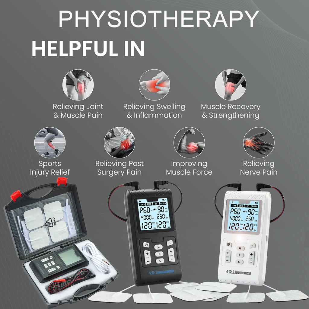 Portable IFT RUSS EMS physiotherapy device with LCD screen, electrodes, and case for muscle pain and injury relief.