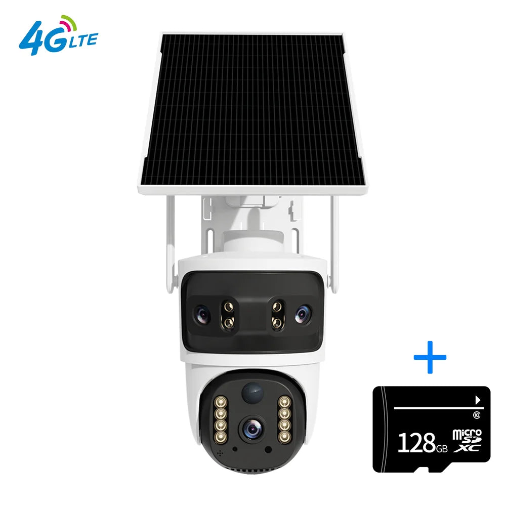 White outdoor PTZ security camera with solar panel plus 128GB microSD card