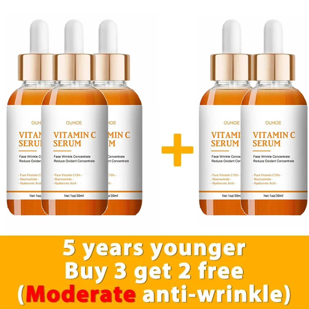 Five amber glass dropper bottles of Vitamin C serum arranged in a 3+2 pattern with a promotional text banner below.